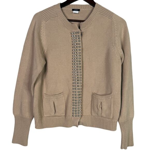 J.Crew Studded Detailing Long Sleeve Cardigan Casual Sweater Pockets L Tan Beige - Picture 2 of 15